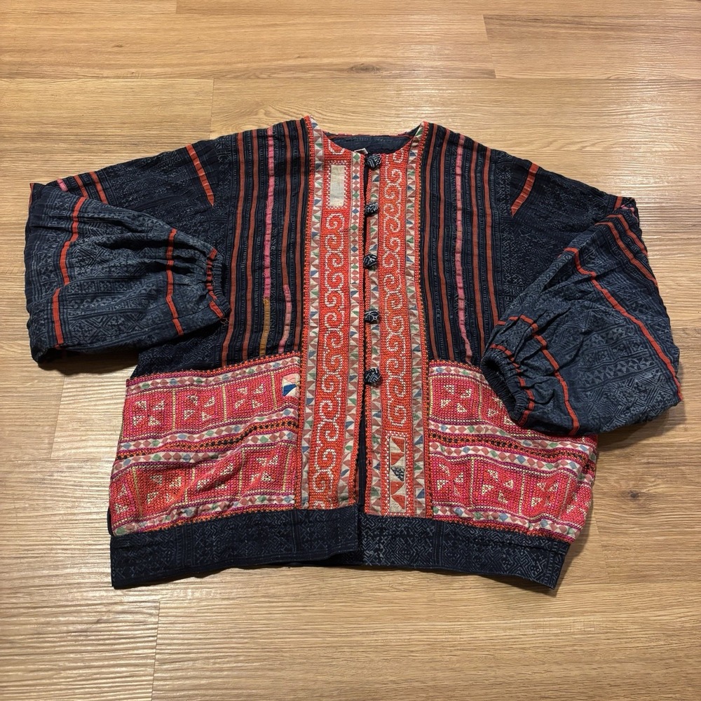 VTG Hmong Hill Tribe Jacket S/M Indigo Batik Hand Embroidered Coat ANONG GALLERY